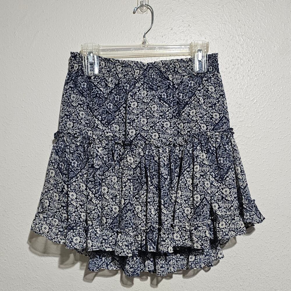 MISA Luisa Mini Skirt Women Large Blue White Floral Ruffle Tier viscose